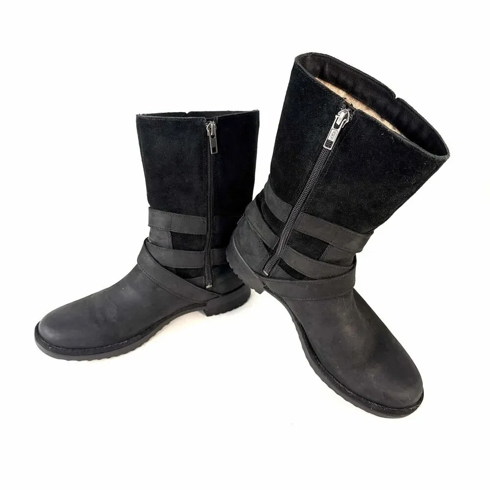 UGG Lorna Black Nubuck Leather Zip Mid Calf Boots Size 7.5 Style 1095155